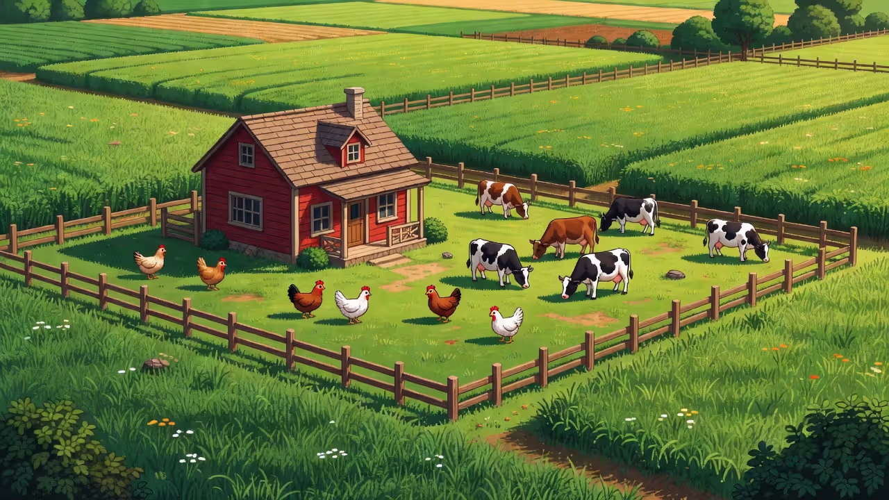 Ранчо Марни в Stardew Valley — красный амбар с животными во дворе