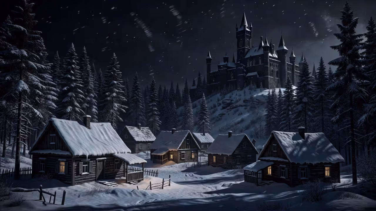 Деревня из Resident Evil Village в снегу с замком на фоне
