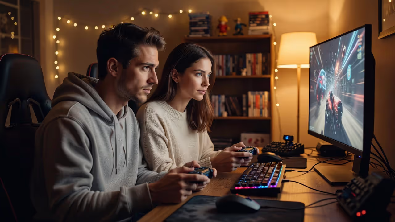 Двое друзей играют в кооперативную игру на одном компьютере
