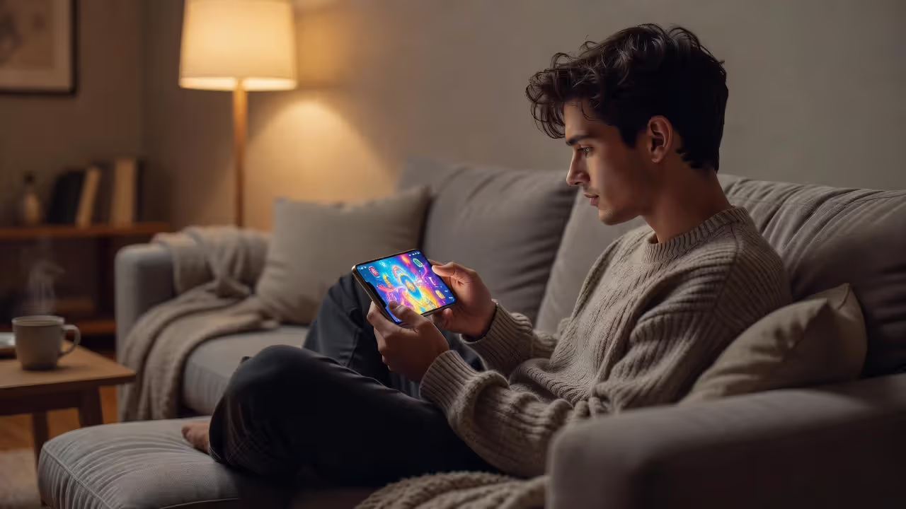 Человек играет в мобильную игру на смартфоне дома